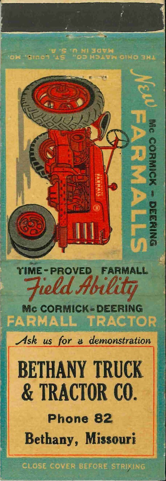 Matchbook Cover Farmall H Bethany Truck Tractor Bethany Missouri