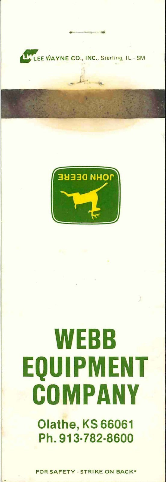 John Deere Matchbook Cover 2 Leg Webb Equipment Co Olathe KS