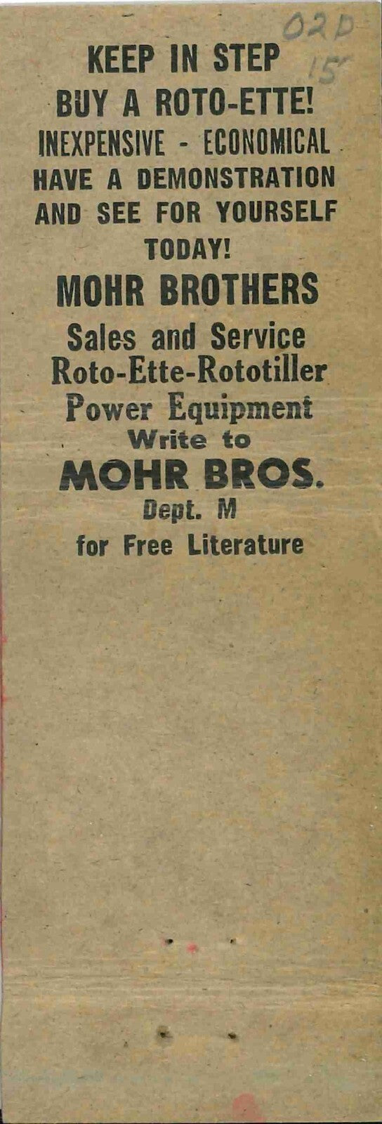 Matchbook Cover Roto Ette Garden Tractors Mohr Brothers Hatboro PA