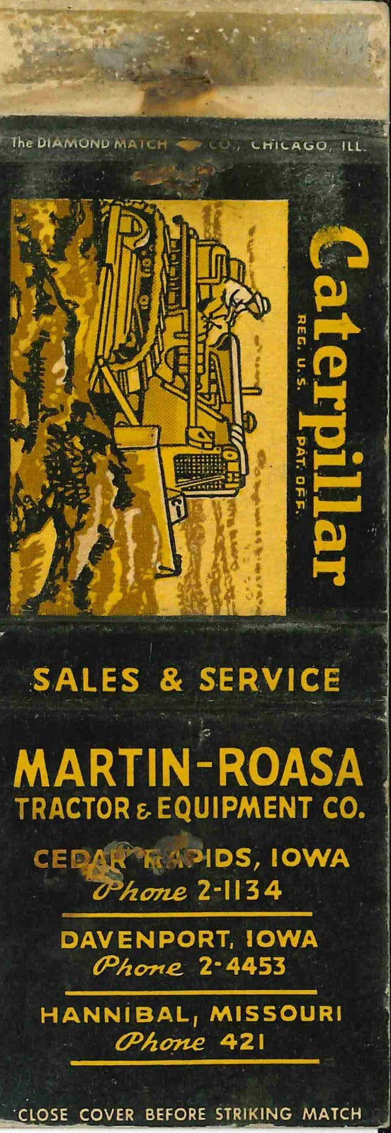 Matchbook Cover Caterpillar Dozer Martin Roasa Iowa and Missouri