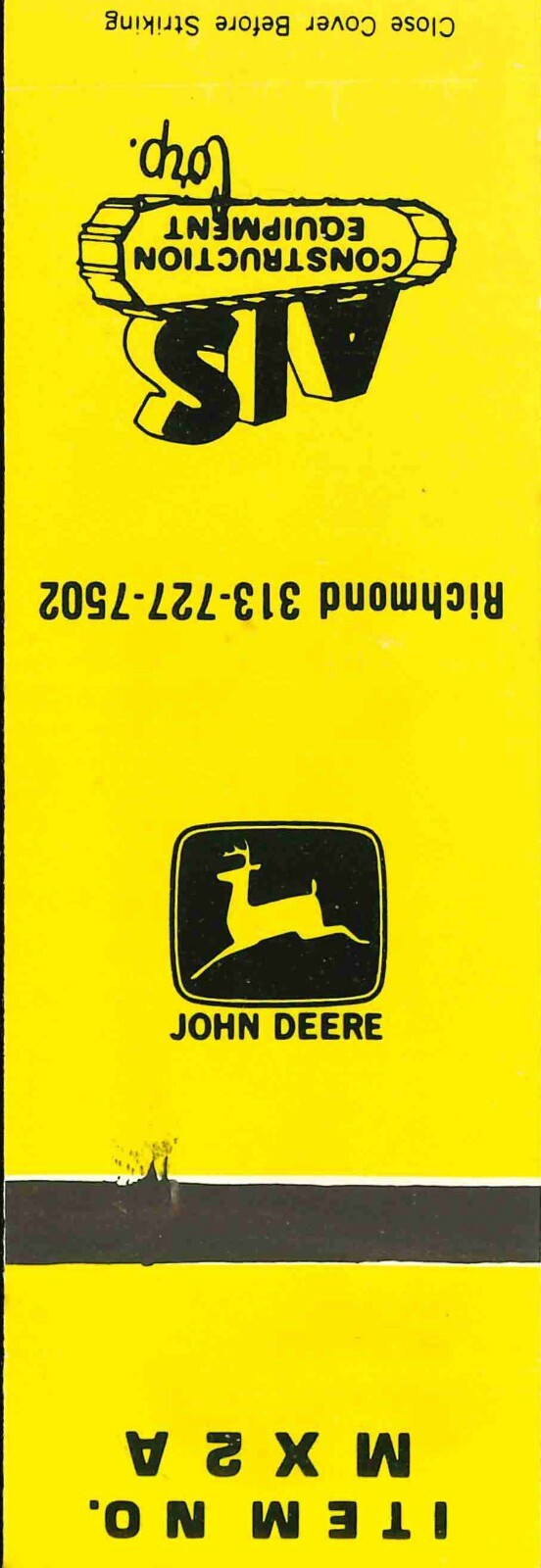 John Deere Matchbook Cover AIS Construction Equipment Richmond