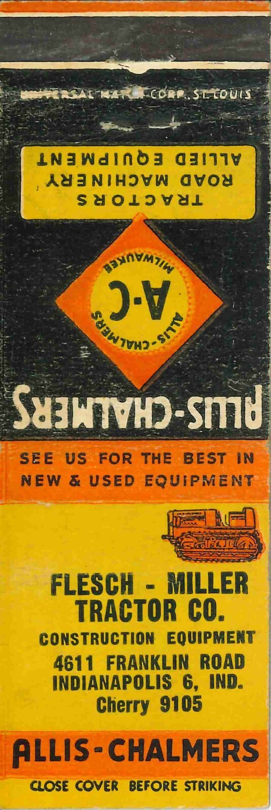 Matchbook Cover Allis Chalmers Crawler Flesch Miller Indianapolis Indiana