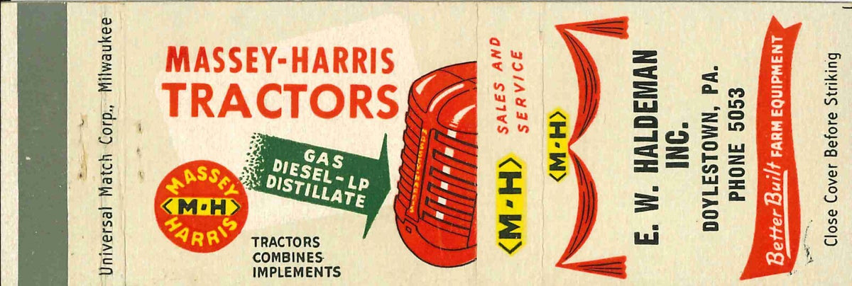 Matchbook Cover Massey Harris Tractors E W Haldeman Doylestown Pennsylvania