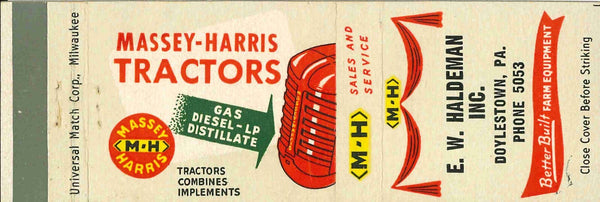 Matchbook Cover Massey Harris Tractors E W Haldeman Doylestown Pennsylvania