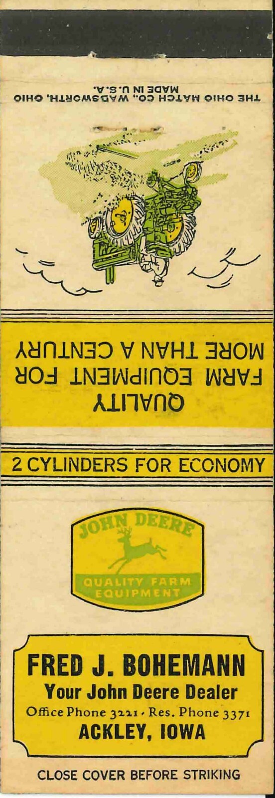 John Deere Matchbook Cover A w/ Mower Fred Bohemann Ackley IA