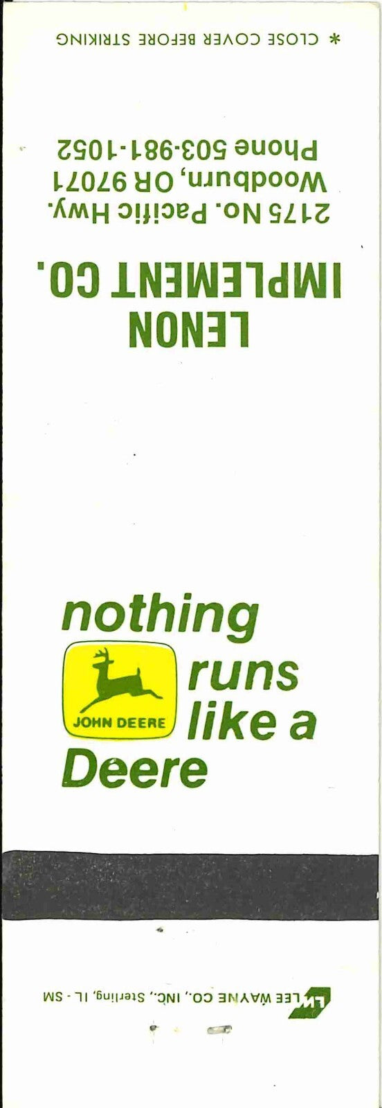 John Deere Matchbook Cover 2 Leg Lenon Implement Woodburn OR