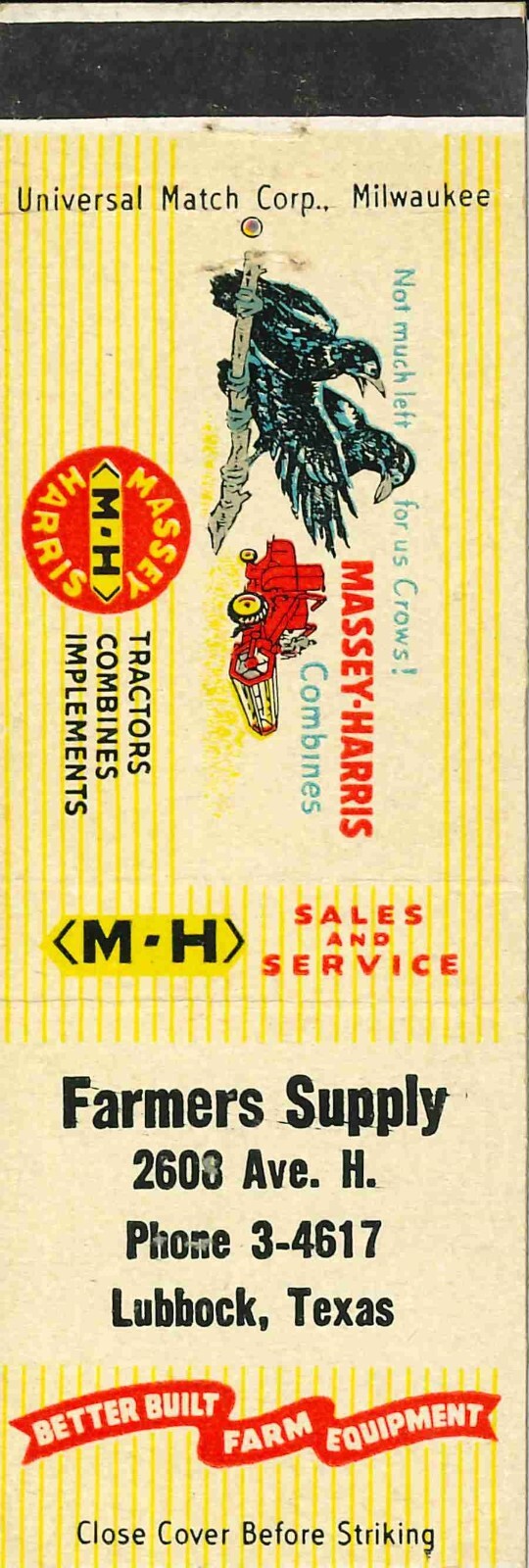 Matchbook Cover Massey Harris Combines Farmers Supply Lubbock Texas