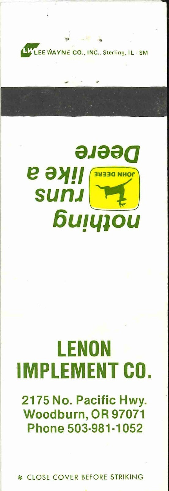 John Deere Matchbook Cover 2 Leg Lenon Imp Woodburn OR