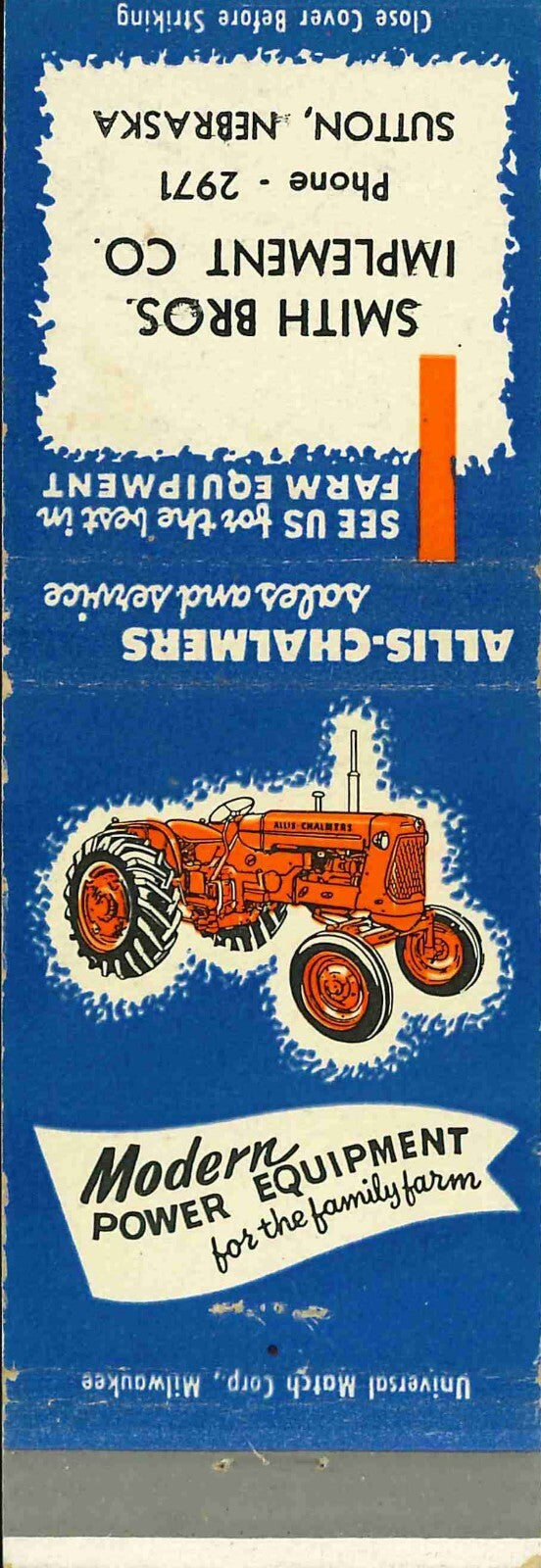 Matchbook Cover Allis Chalmers Tractor Smith Bros Imp Co Sutton Nebraska