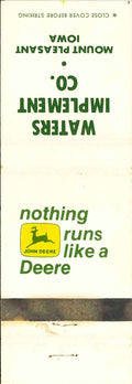 John Deere Matchbook Cover 2 Leg Waters Imp Co Mount Pleasant IA