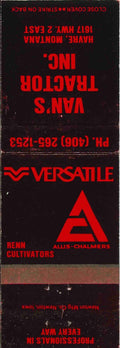 Matchbook Cover Allis Chalmers Versatile Vans Tractor Inc Havre Montana