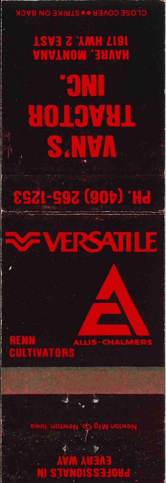 Matchbook Cover Allis Chalmers Versatile Vans Tractor Inc Havre Montana