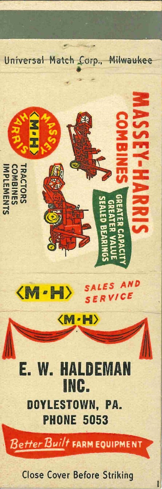 Matchbook Cover Massey Harris Combines E W Haldeman Doylestown Pennsylvania