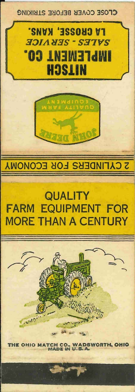 John Deere Matchbook Cover A w/ Mower Nitsch Imp La Crosse KS