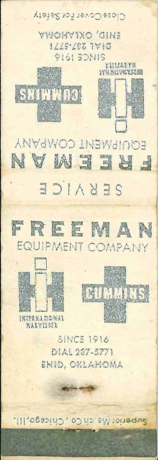 Matchbook Cover International Harvester Cummins Freeman Equip Enid OK