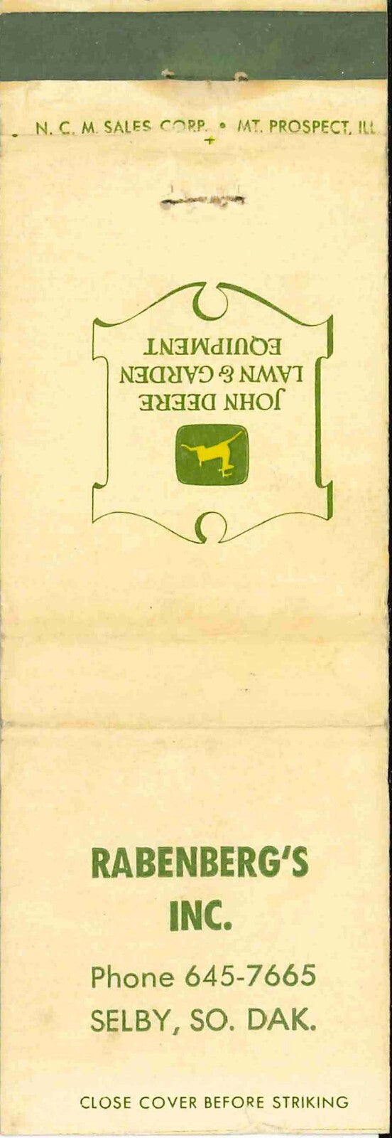 John Deere Matchbook Cover 2 Leg Lawn & Garden Rabenbergs Selby SD