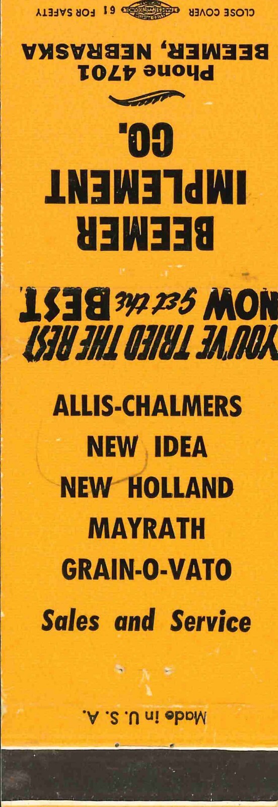 Matchbook Cover Allis Chalmers New Idea Beemer Implement Co Beemer Nebraska