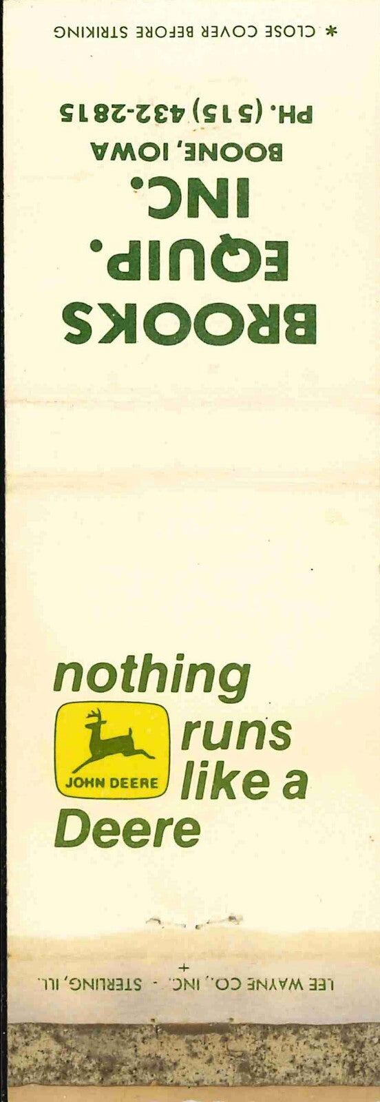 John Deere Matchbook Cover 2 Leg Brooks Equip Inc Boone IA