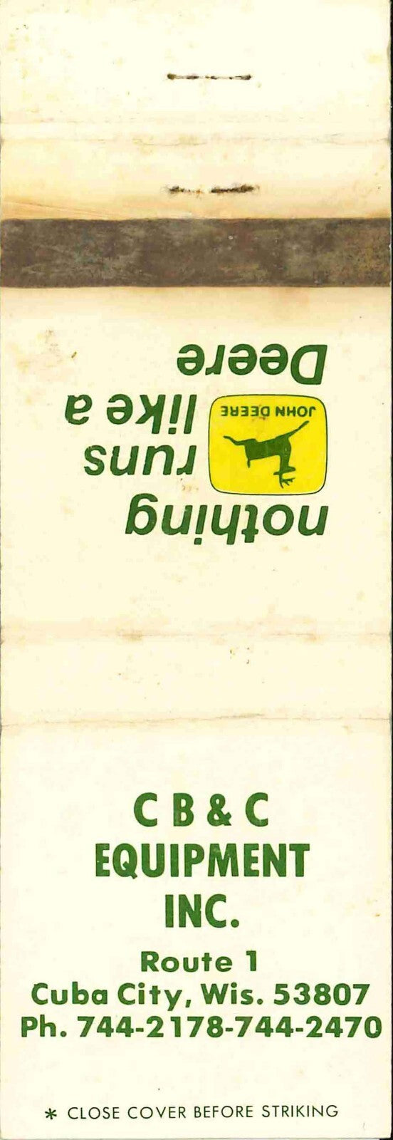John Deere Matchbook Cover C B and C Equipment Cuba City WI