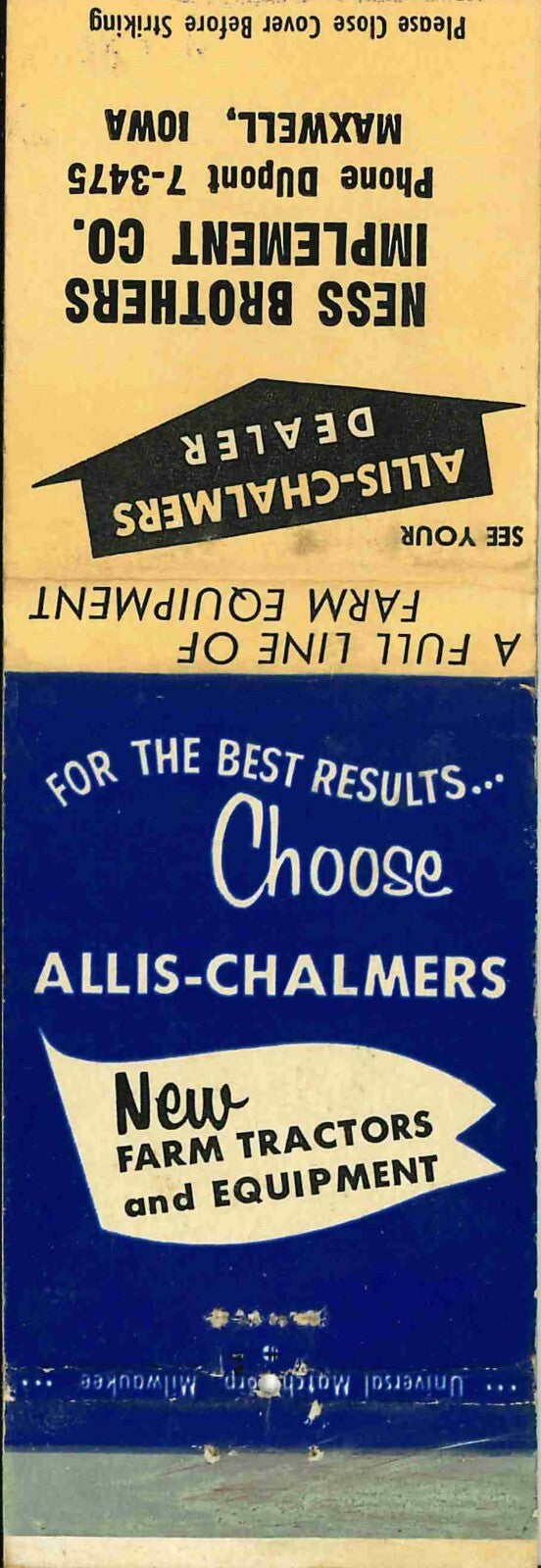Matchbook Cover Allis Chalmers Ness Brothers Implement Co Maxwell Iowa