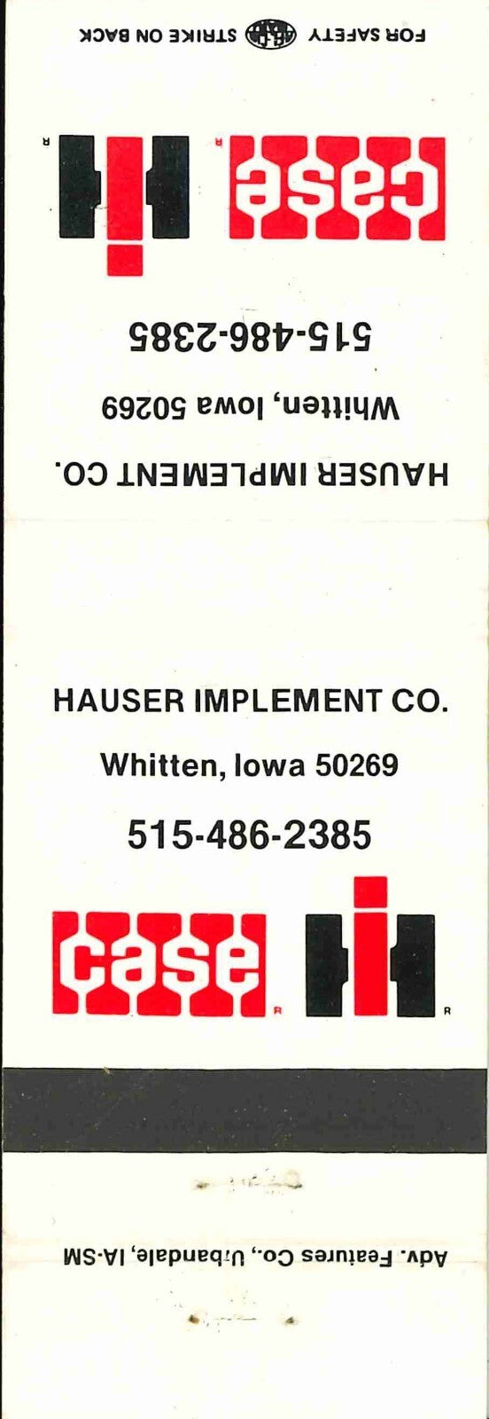 Matchbook Cover Case IH Hauser Imp Co Whitten Iowa