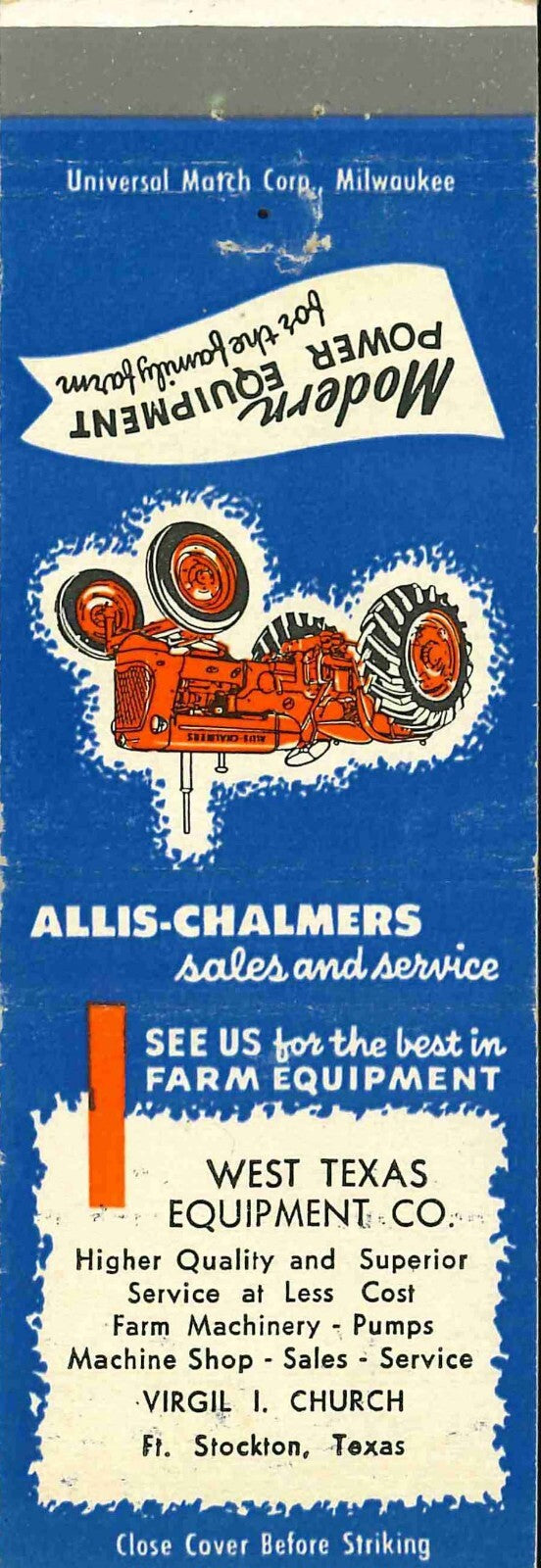 Matchbook Cover Allis Chalmers West Texas Equip Co Virgil Church Stockton TX