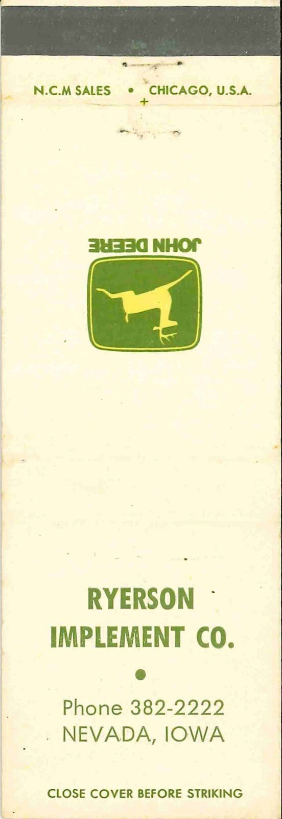 John Deere Matchbook Cover 2 Leg Ryerson Implement Nevada IA