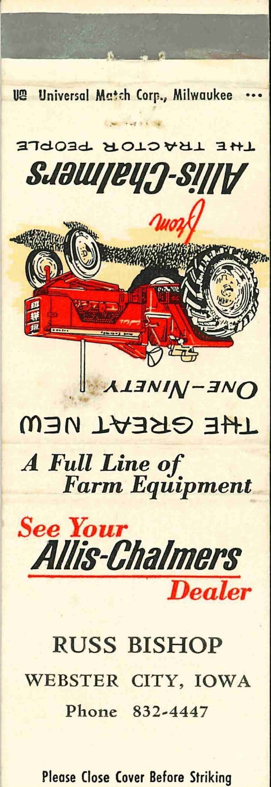 Matchbook Cover Allis Chalmers 190 Russ Bishop Webster City Iowa