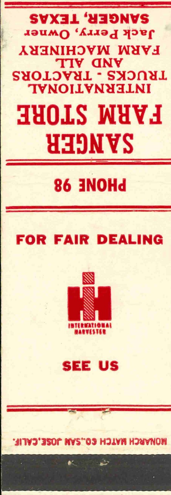 Matchbook Cover International Harvester Sanger Farm Store Sanger Texas