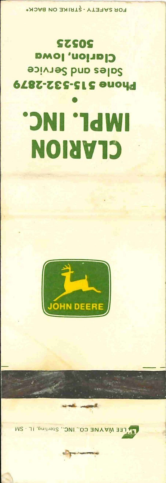 John Deere Matchbook Cover Clarion Imp Inc Clarion IA
