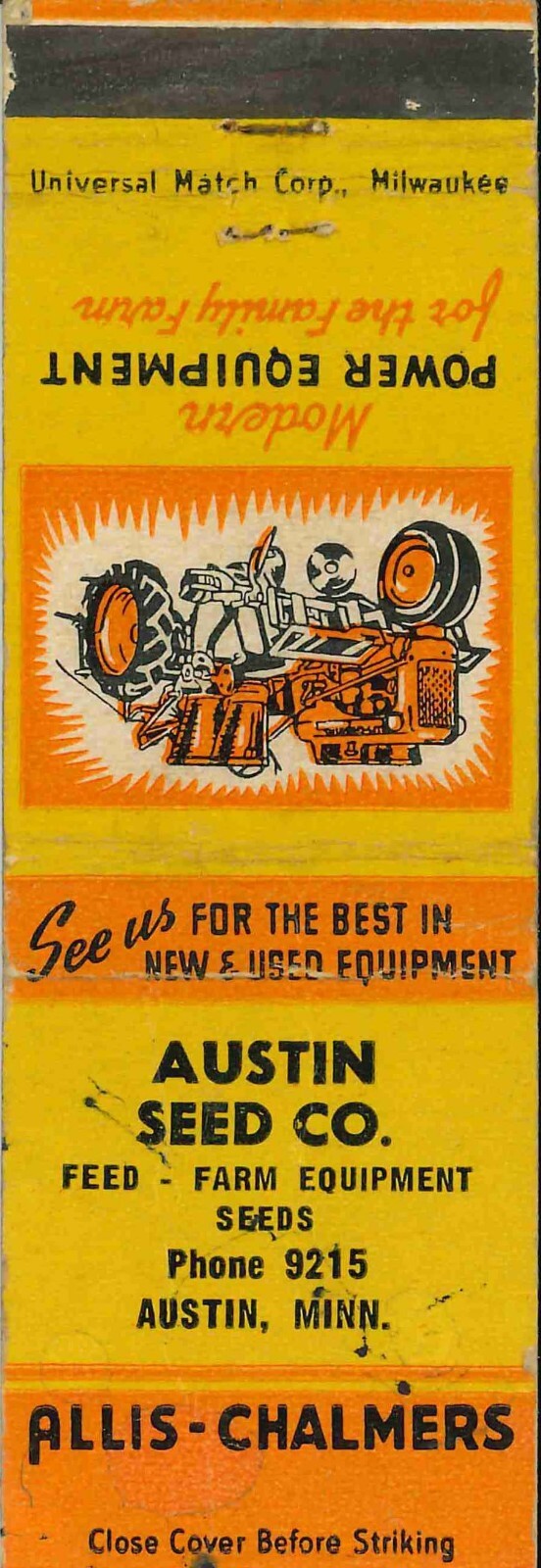 Matchbook Cover Allis Chalmers C Tractor Austin Seed Co Austin Minnesota