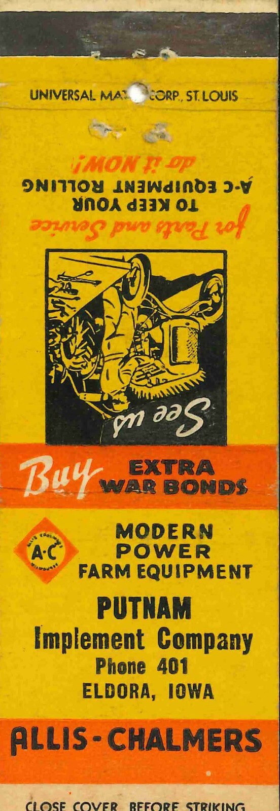 Matchbook Cover Allis Chalmers Tractor Putnam Imp Co Eldora Iowa