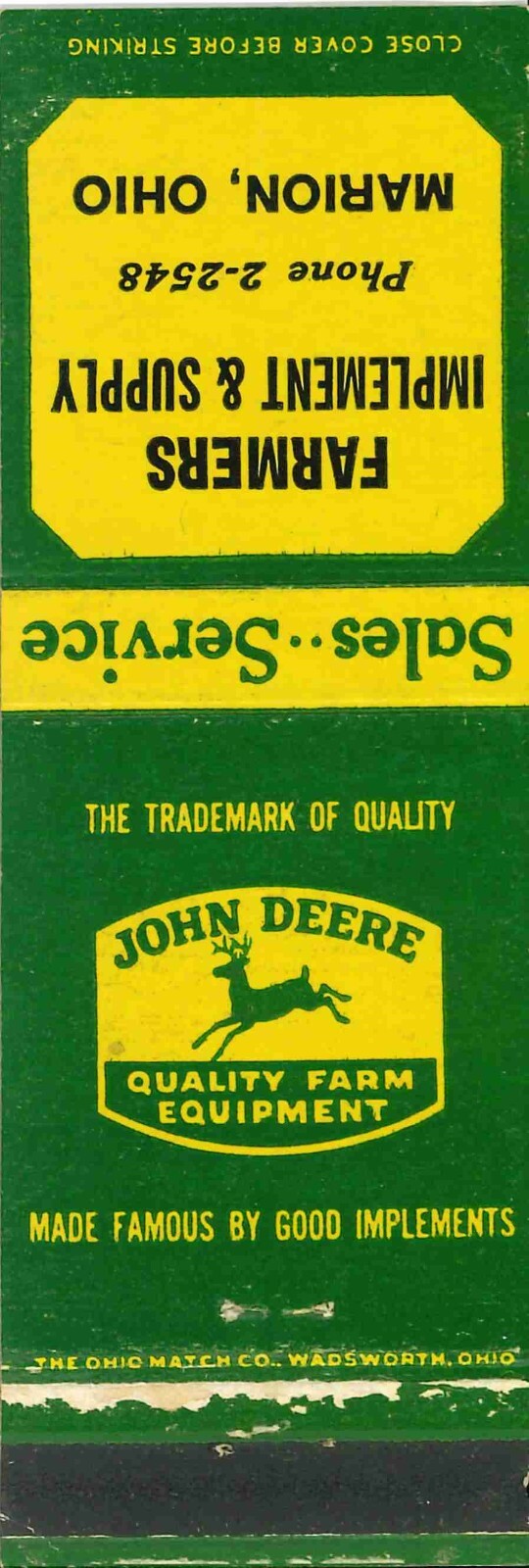 John Deere Matchbook Cover QFE Farmers Implement & Supply Marion Ohio