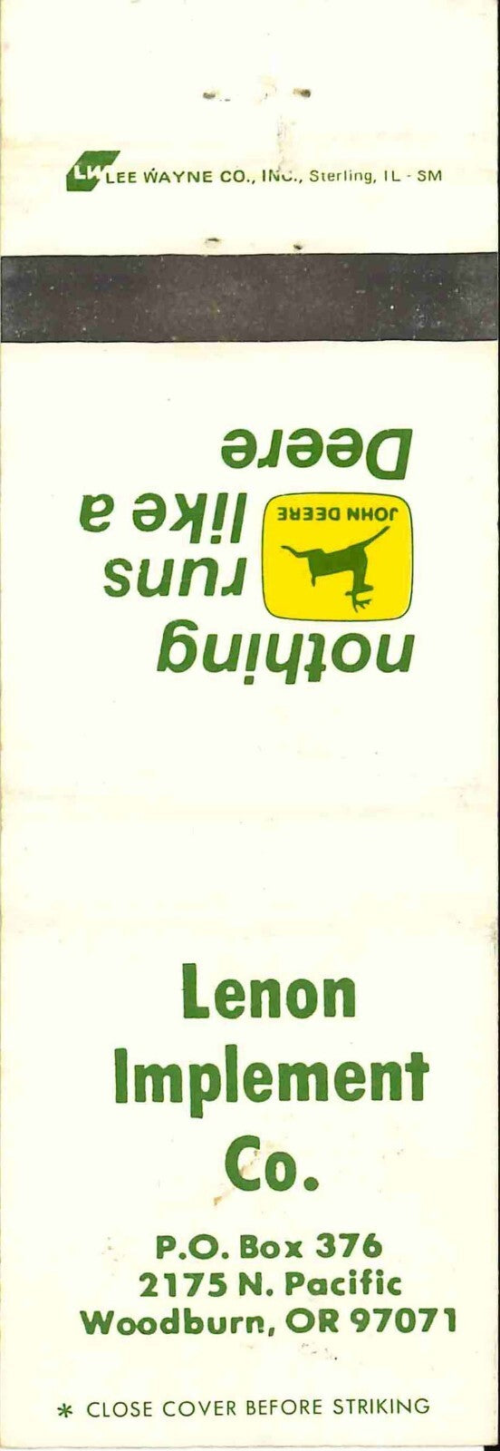 John Deere Matchbook Cover 2 Leg Lenon Implement Woodburn OR