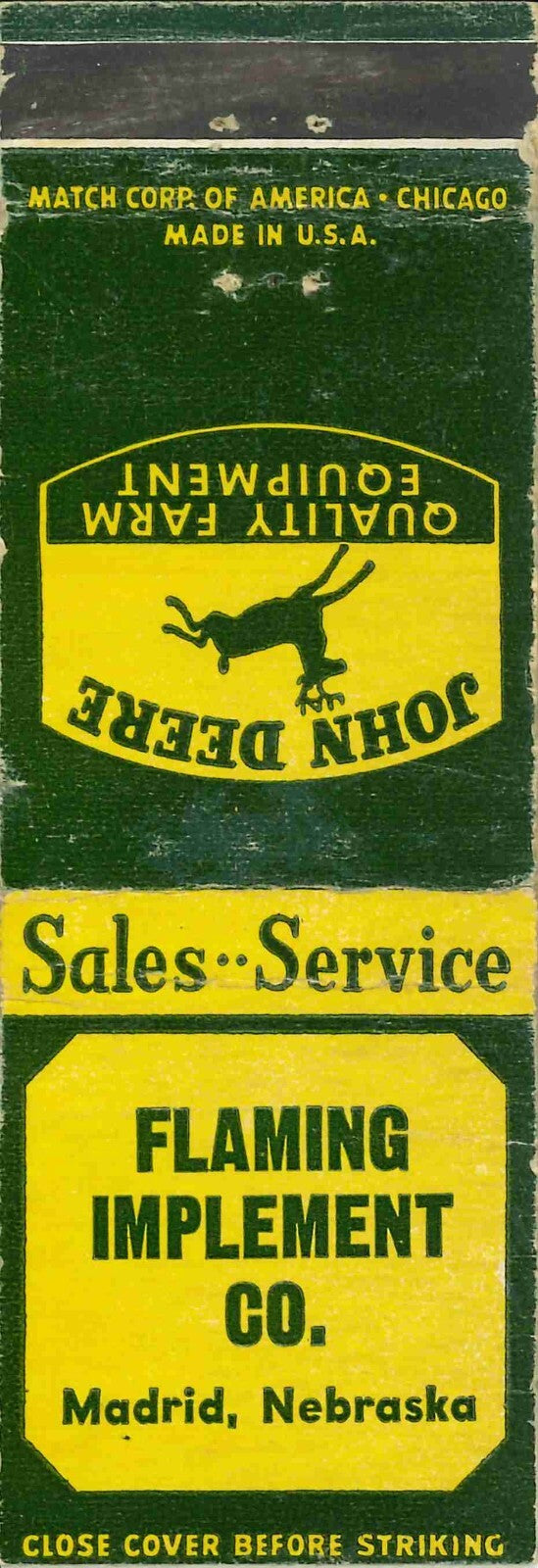 John Deere Matchbook Cover QFE Flaming Implement Co Madrid Nebraska