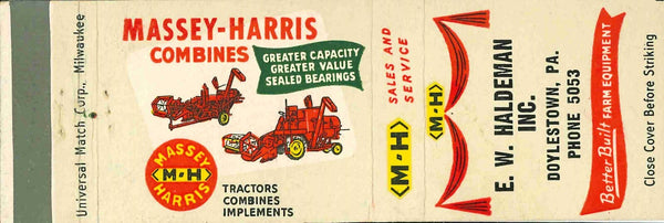 Matchbook Cover Massey Harris Combines E W Haldeman Doylestown Pennsylvania
