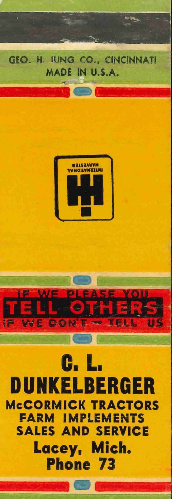 Matchbook Cover International Harvester C L Dunkelberger Lacey Mich