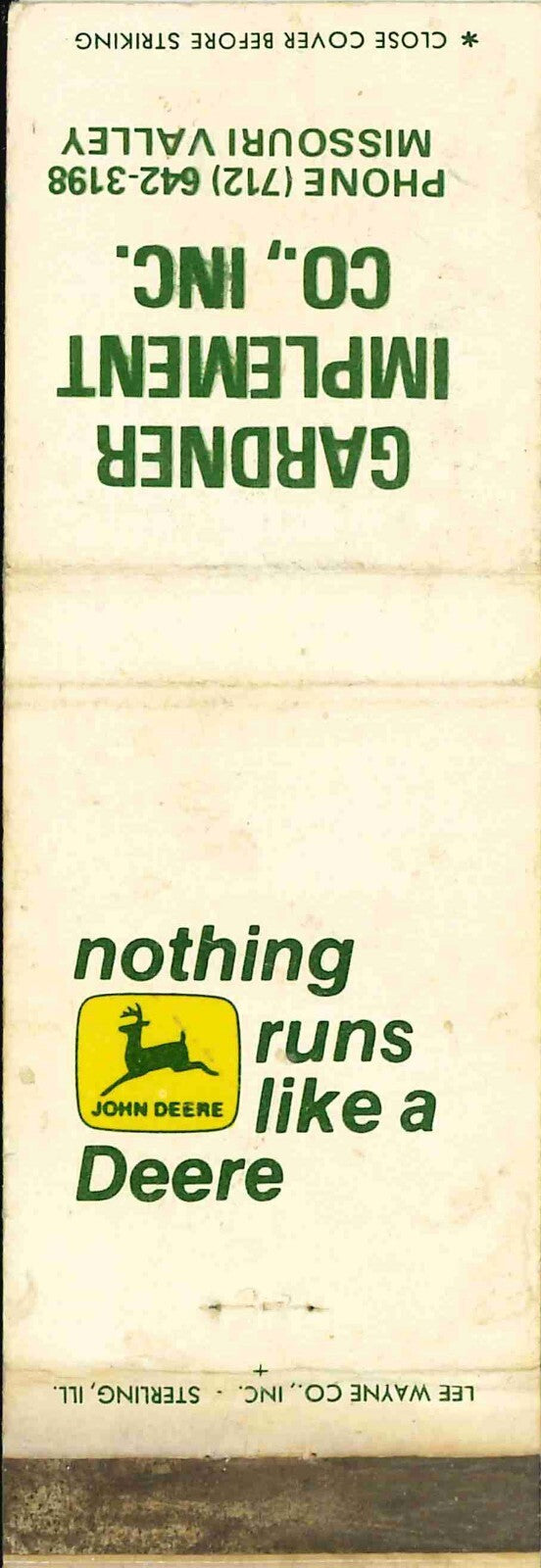 John Deere Matchbook Cover 2 Leg Gardner Imp Co Missouri Valley