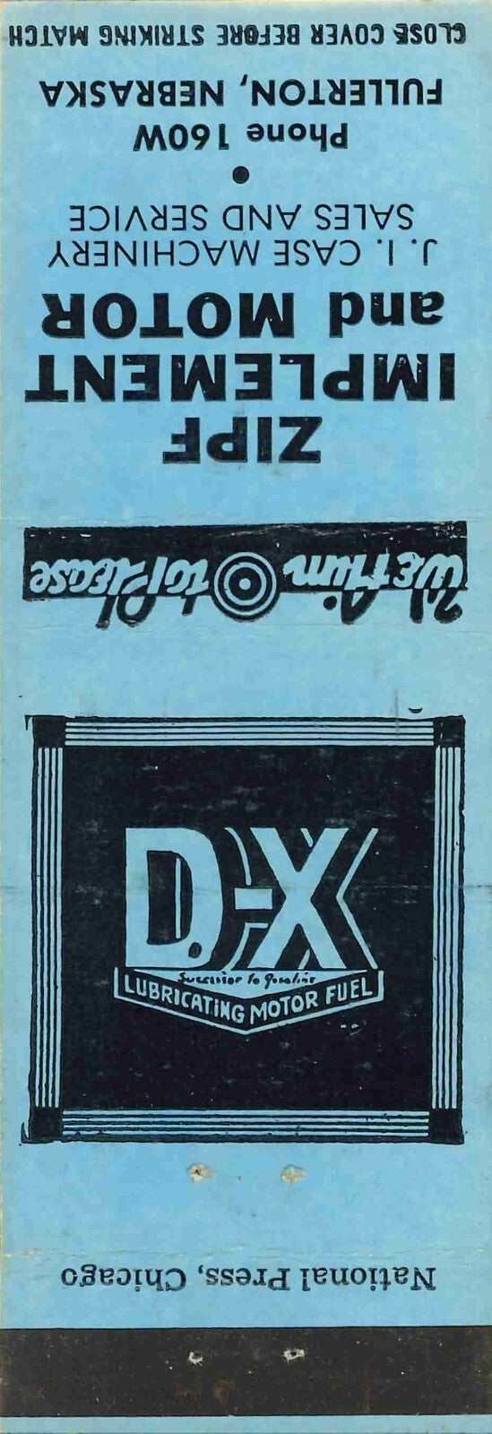 Matchbook Cover D X Motor Fuel J I Case Zipf Implement Co Fullerton Nebraska