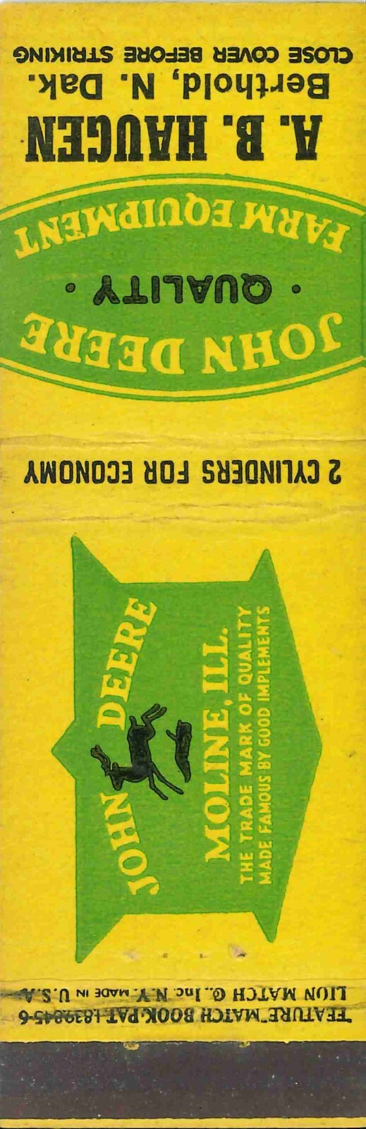 John Deere Matchbook Cover QFE A B Haugen Berthold North Dakotah