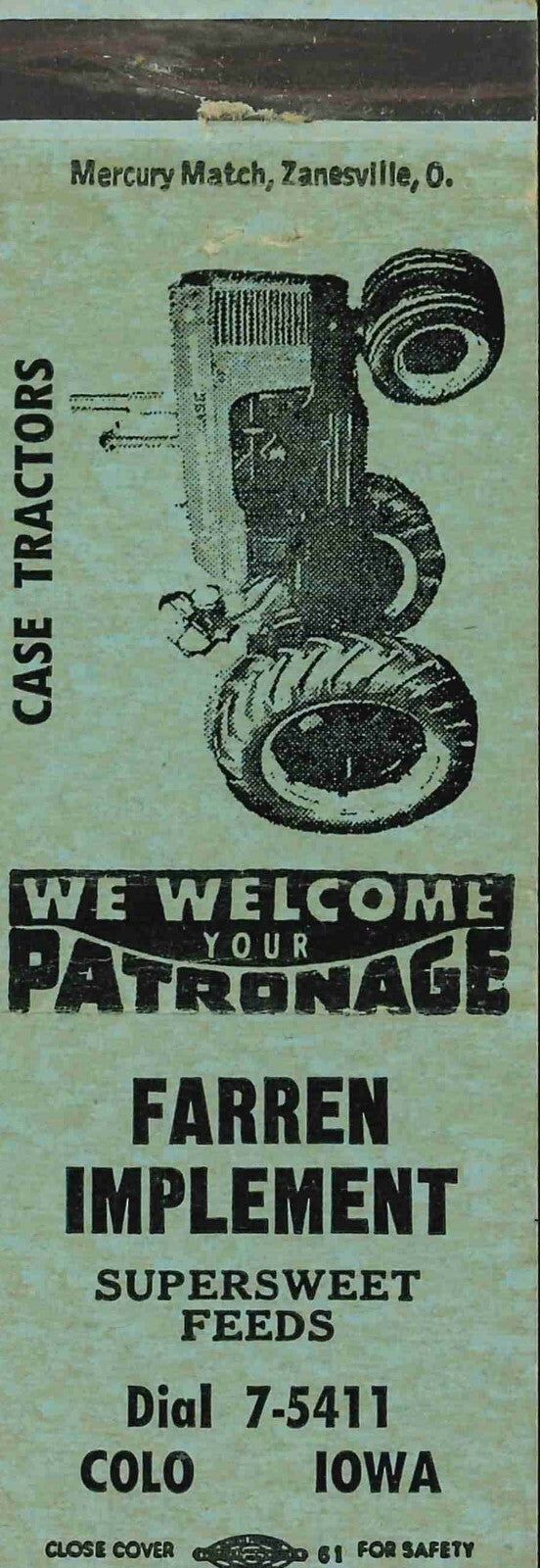 Matchbook Cover J I Case 400 Graphic Farren Implement Colo Iowa