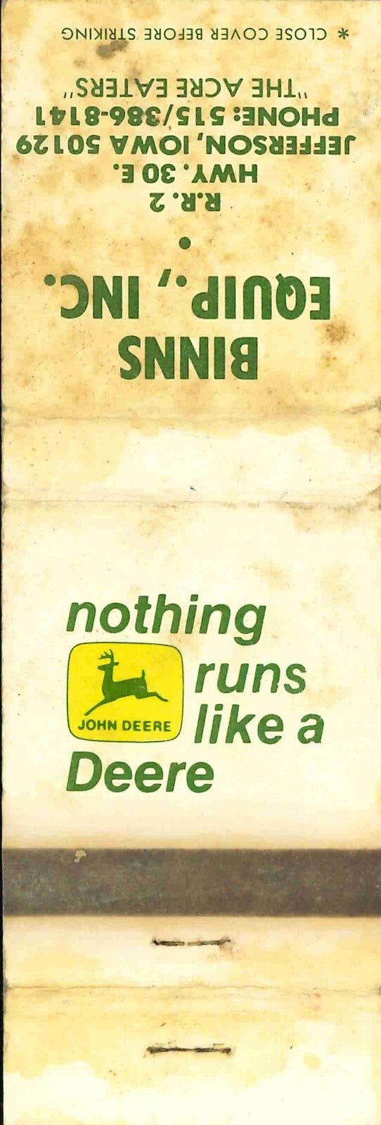 John Deere Matchbook Cover 2 Leg Binns Equip Jefferson IA