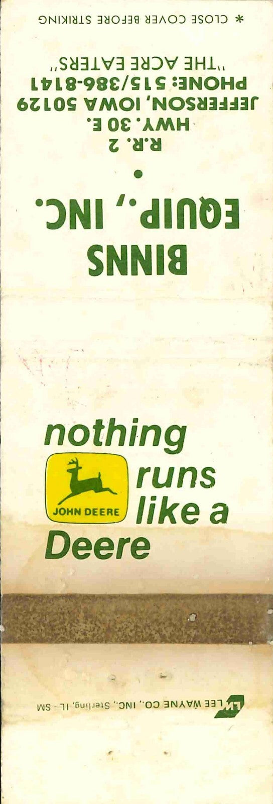 John Deere Matchbook Cover 2 Leg Binns Equip Jefferson IA