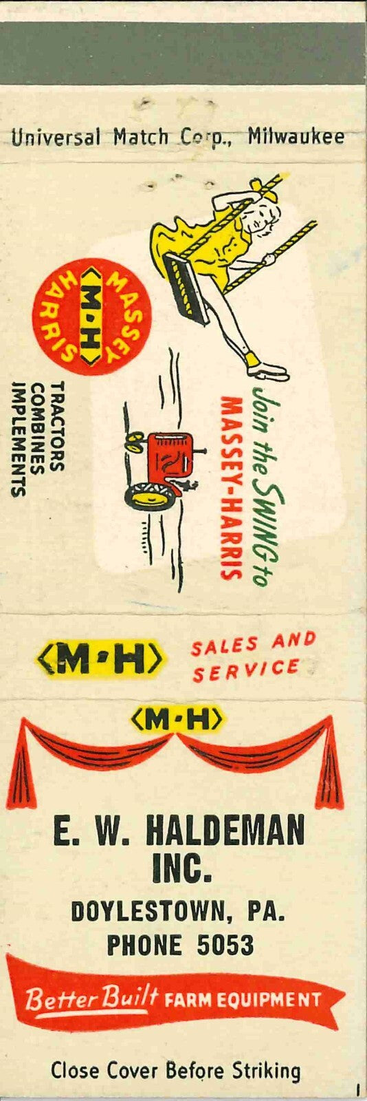 Matchbook Cover Massey Harris Tractors E W Haldeman Doylestown Pennsylvania