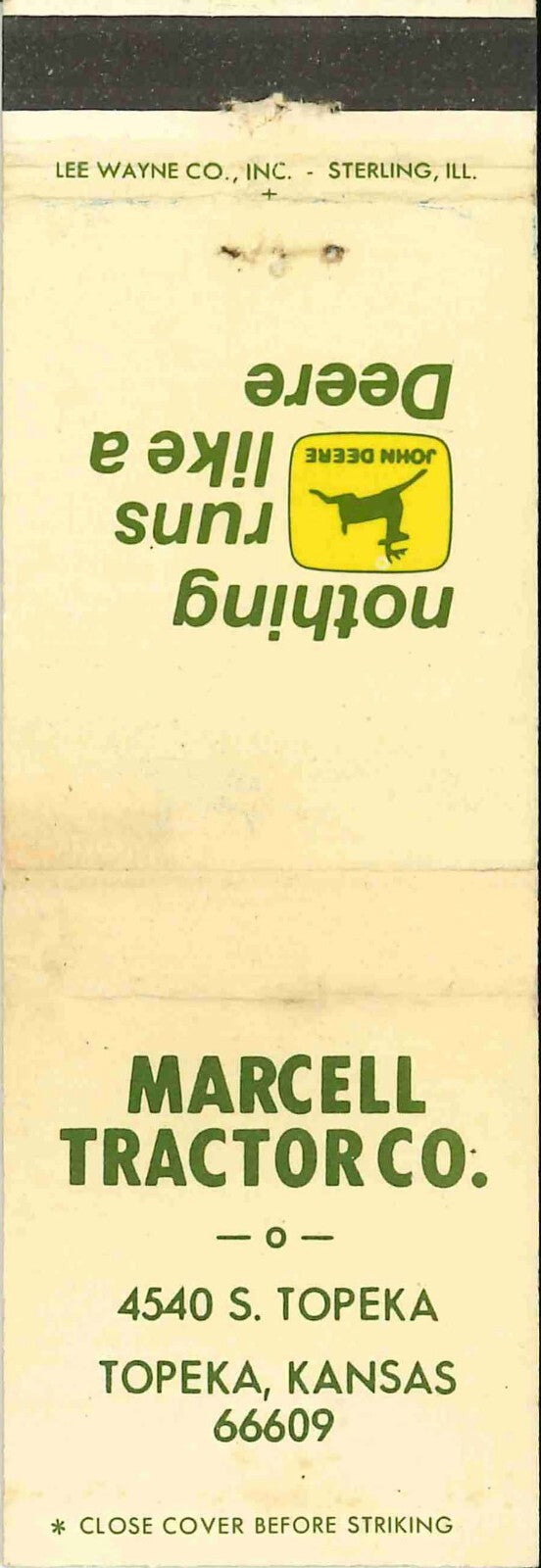 John Deere Matchbook Cover 2 Leg Marcell Tractor Co Topeka KS