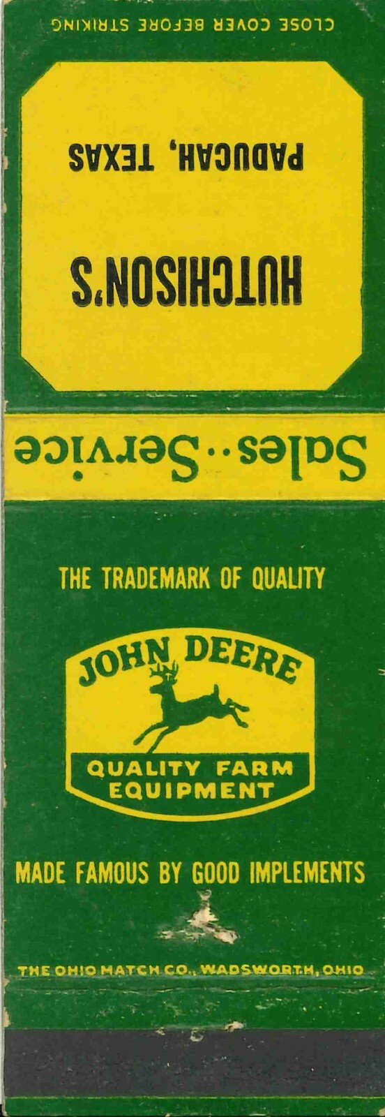 John Deere Matchbook Cover QFE Hutchisons Paducah Texas