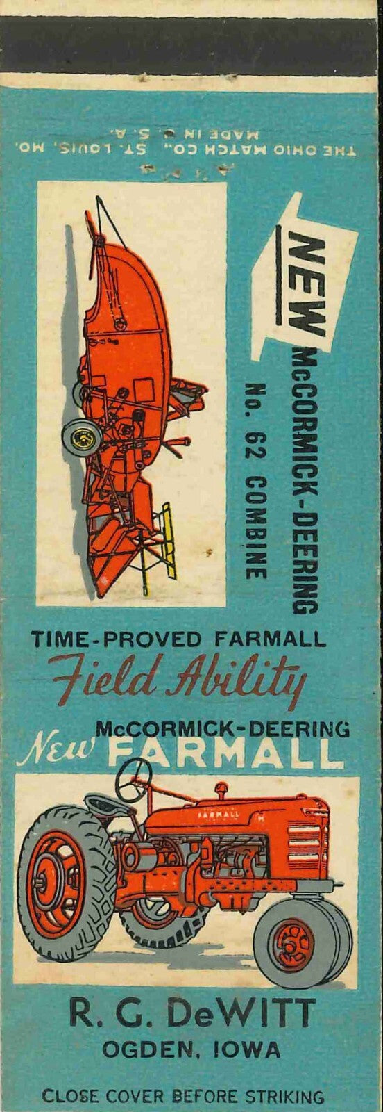 Matchbook Cover Farmall H Combine Truck R G DeWitt Ogden Iowa