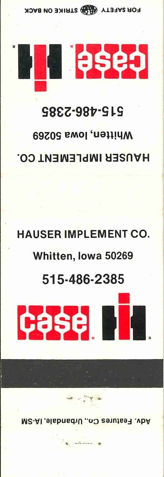 Matchbook Cover Case IH Hauser Imp Co Whitten Iowa
