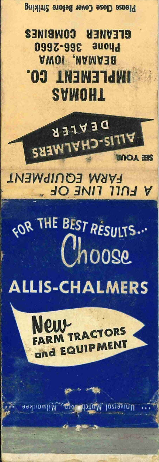 Matchbook Cover Allis Chalmers Gleaner Thomas Implement Co Beaman Iowa