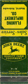 John Deere Matchbook Cover QFE Flaming Implement Co Madrid Nebraska